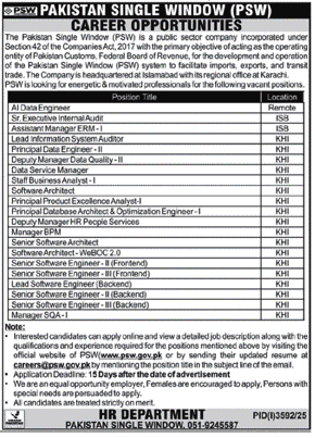 Latest Pakistan Single Window PSW Management Jobs Islamabad 2025
